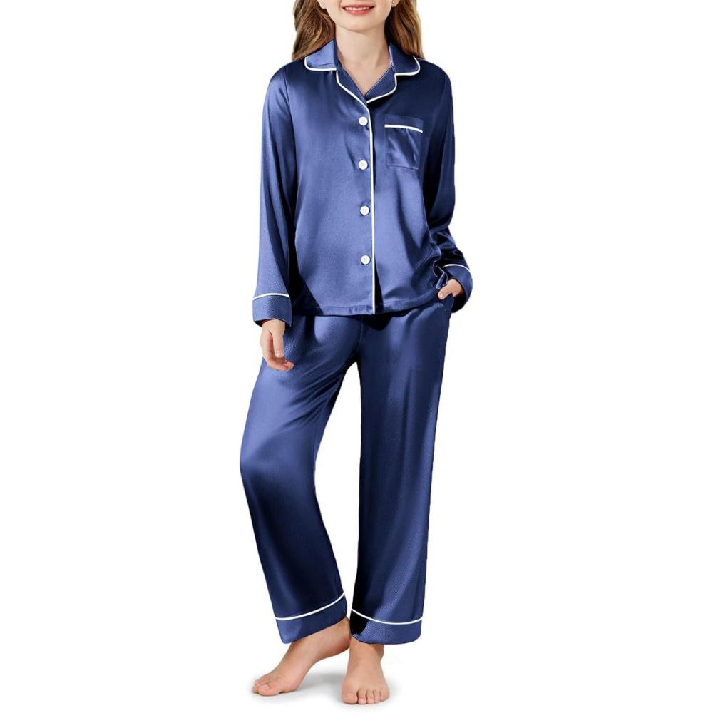 imageArshiner Girls Pajamas Silk Satin Pajama Set Long Sleeve Pjs Button Down SleepwearNavy White