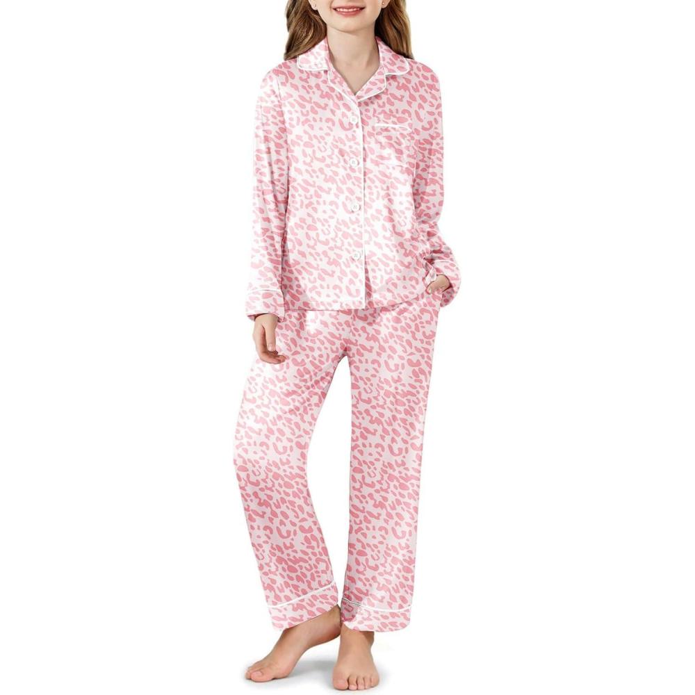 imageArshiner Girls Pajamas Silk Satin Pajama Set Long Sleeve Pjs Button Down SleepwearPink Leopard