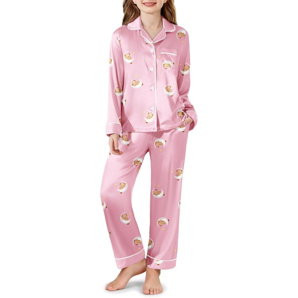imageArshiner Girls Pajamas Silk Satin Pajama Set Long Sleeve Pjs Button Down SleepwearPink Teddy