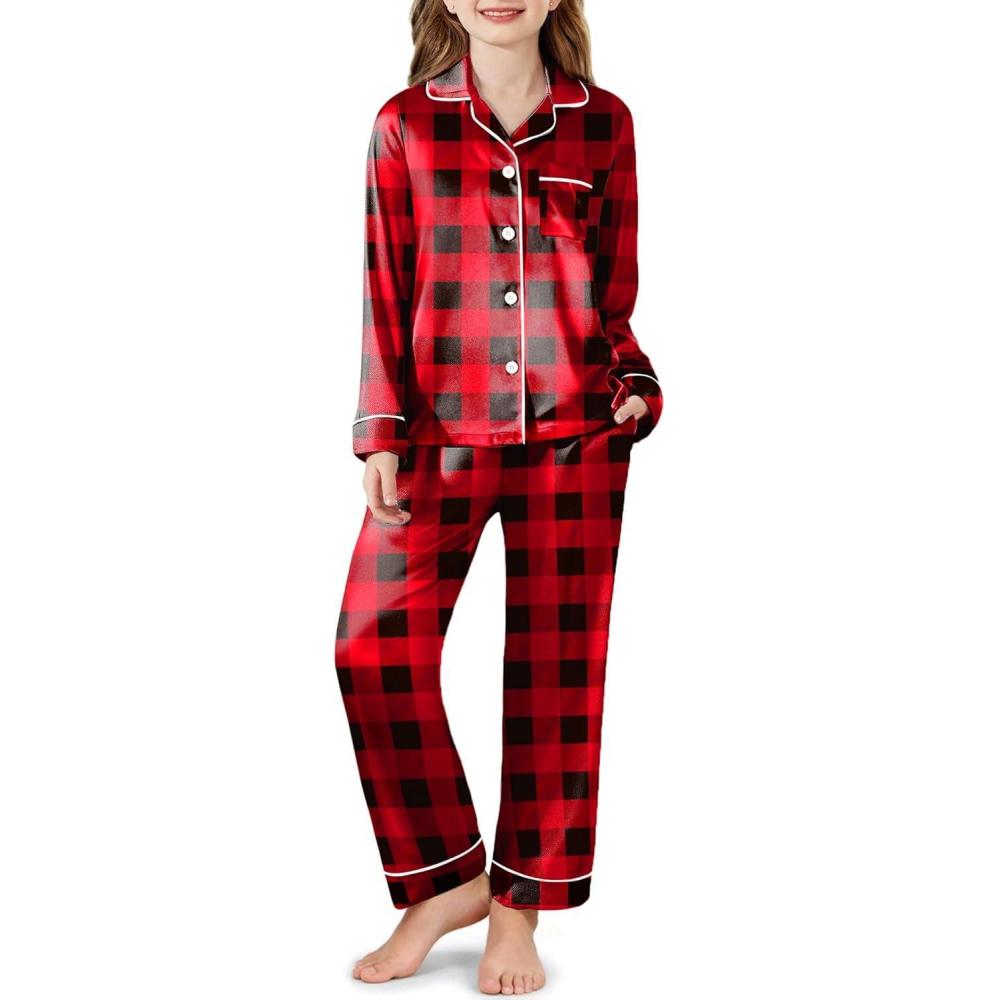 imageArshiner Girls Pajamas Silk Satin Pajama Set Long Sleeve Pjs Button Down SleepwearRed Black Plaid