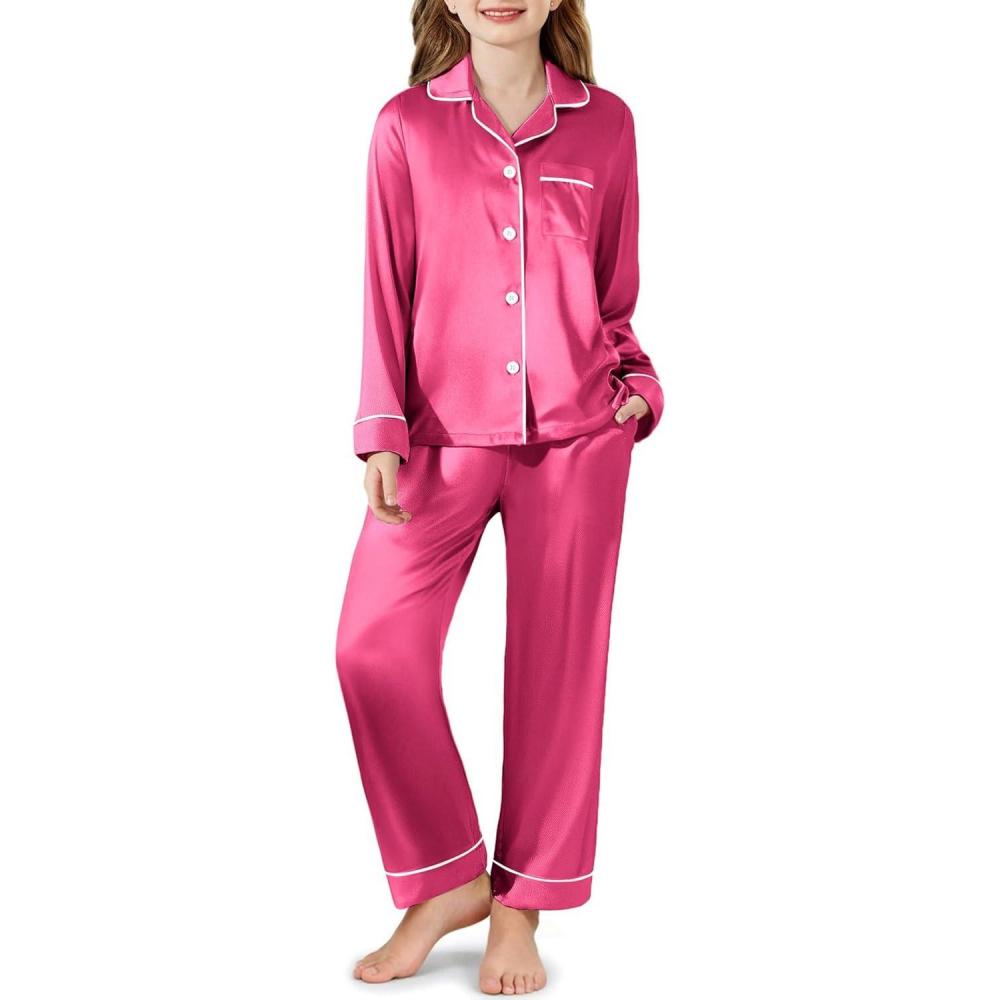 imageArshiner Girls Pajamas Silk Satin Pajama Set Long Sleeve Pjs Button Down SleepwearRose Red
