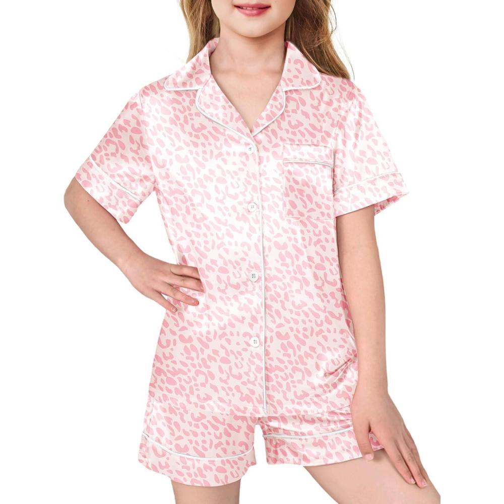 imageArshiner Girls Pajamas Silk Satin Pajama Sleepwear Button Down Pj Set LoungewearPink Leopard
