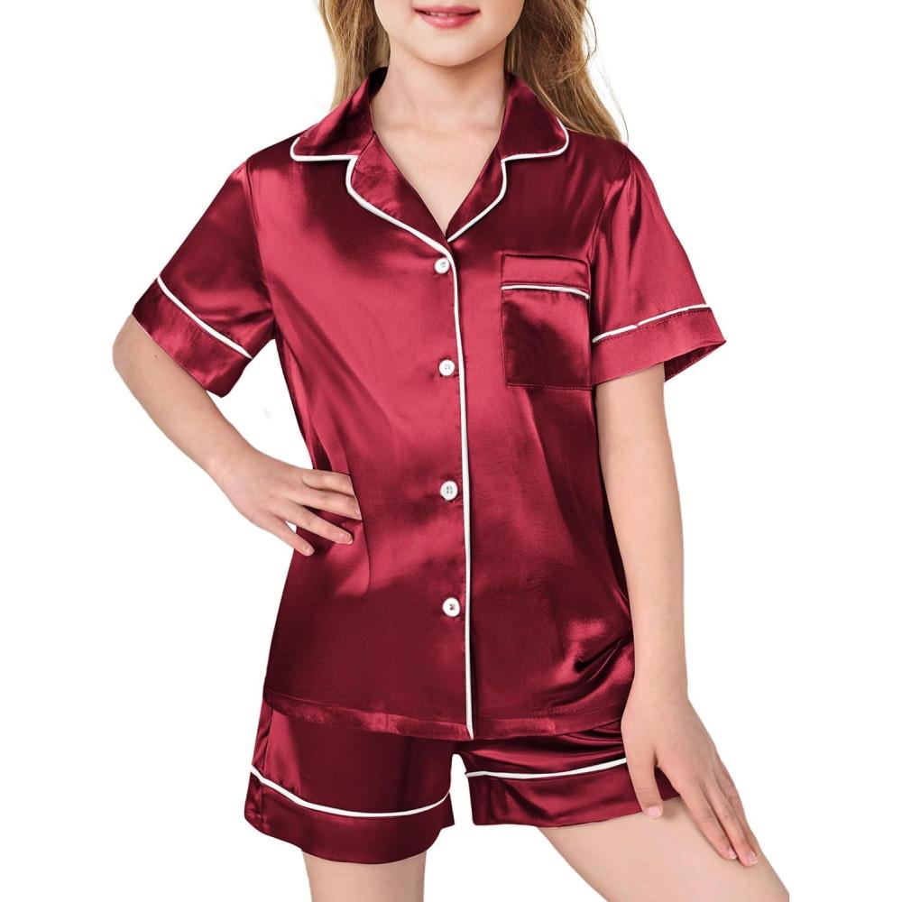 imageArshiner Girls Pajamas Silk Satin Pajama Sleepwear Button Down Pj Set LoungewearRed