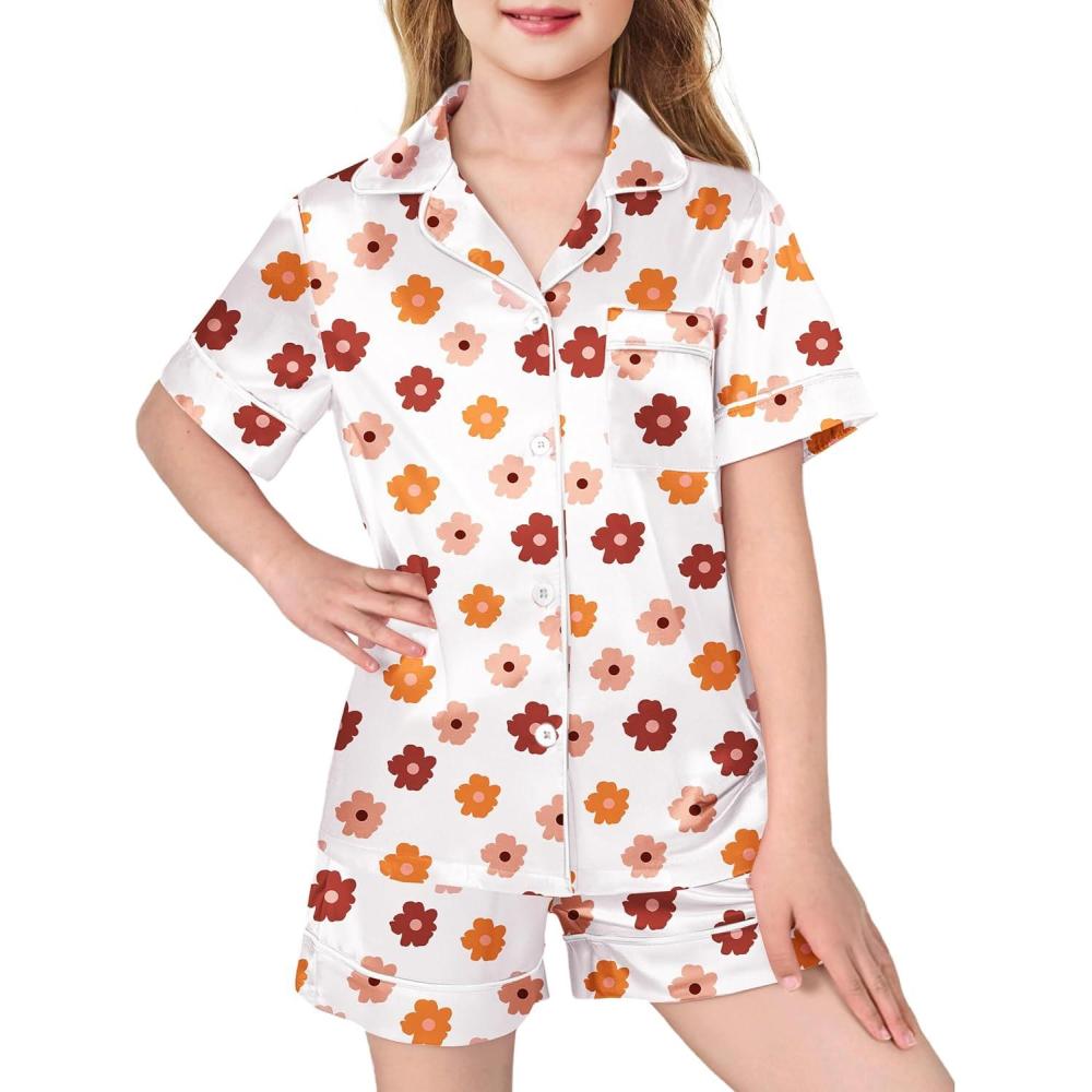 imageArshiner Girls Pajamas Silk Satin Pajama Sleepwear Button Down Pj Set LoungewearWhite Flowers