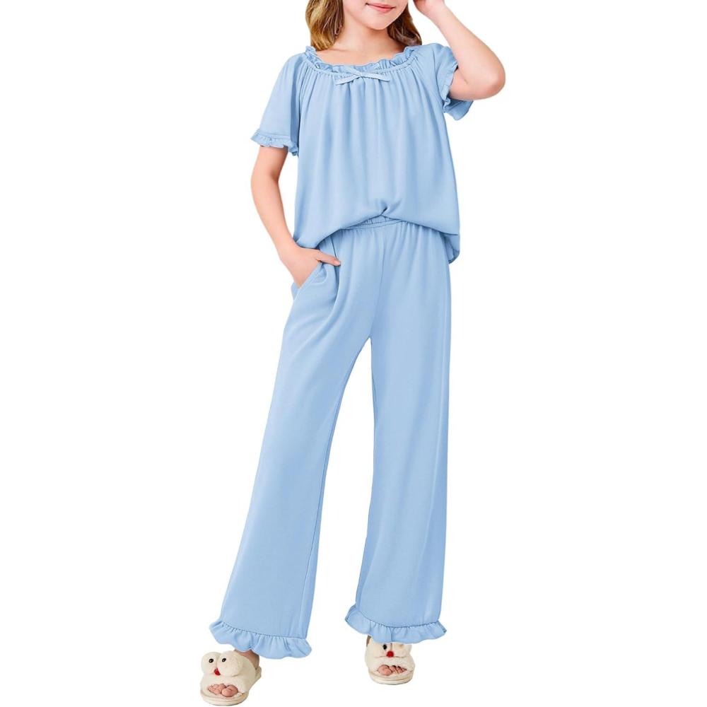 imageArshiner Girls Pajamas Soft 2 Piece Pjs Sets Ruffle Short Sleeve Long Pants SleepwearBlue