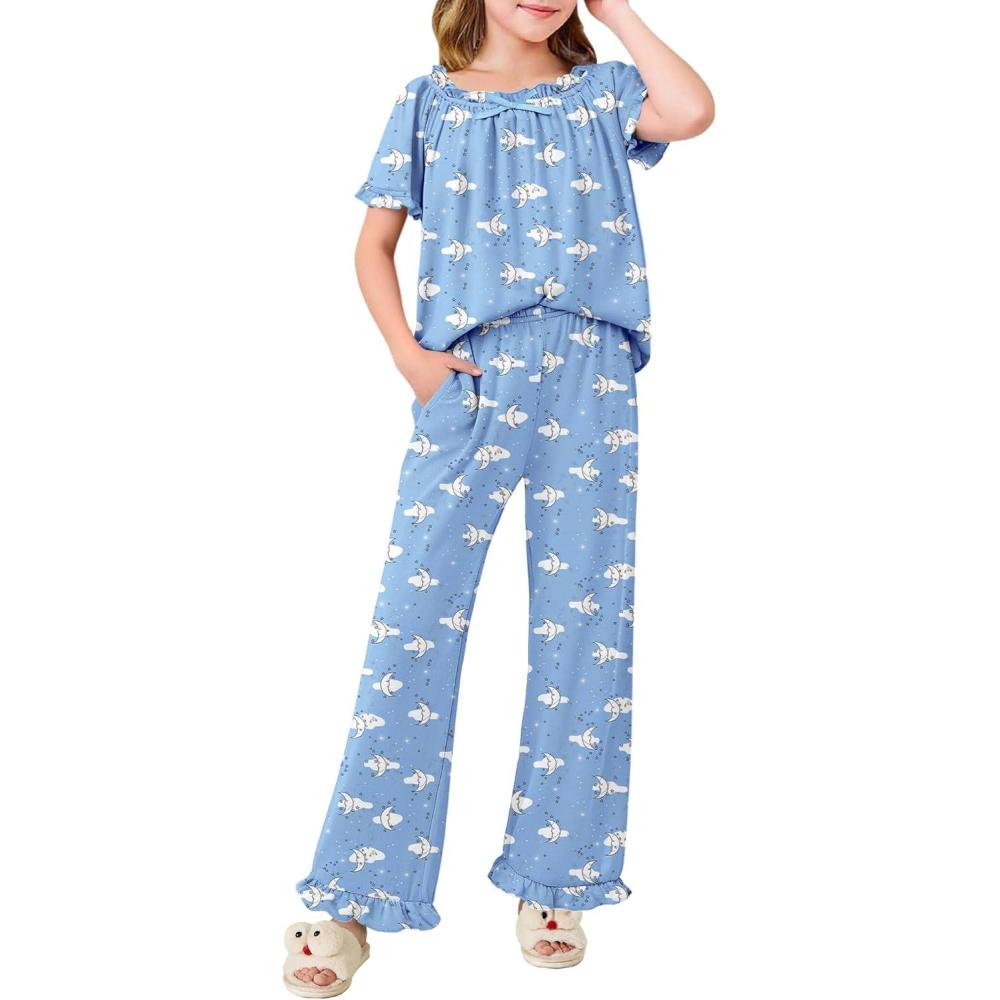 imageArshiner Girls Pajamas Soft 2 Piece Pjs Sets Ruffle Short Sleeve Long Pants SleepwearBlue Moon