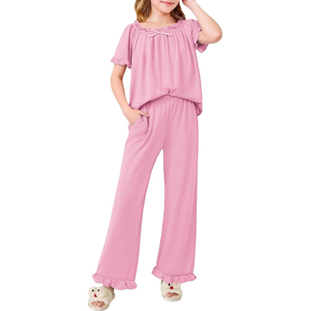 imageArshiner Girls Pajamas Soft 2 Piece Pjs Sets Ruffle Short Sleeve Long Pants SleepwearPink