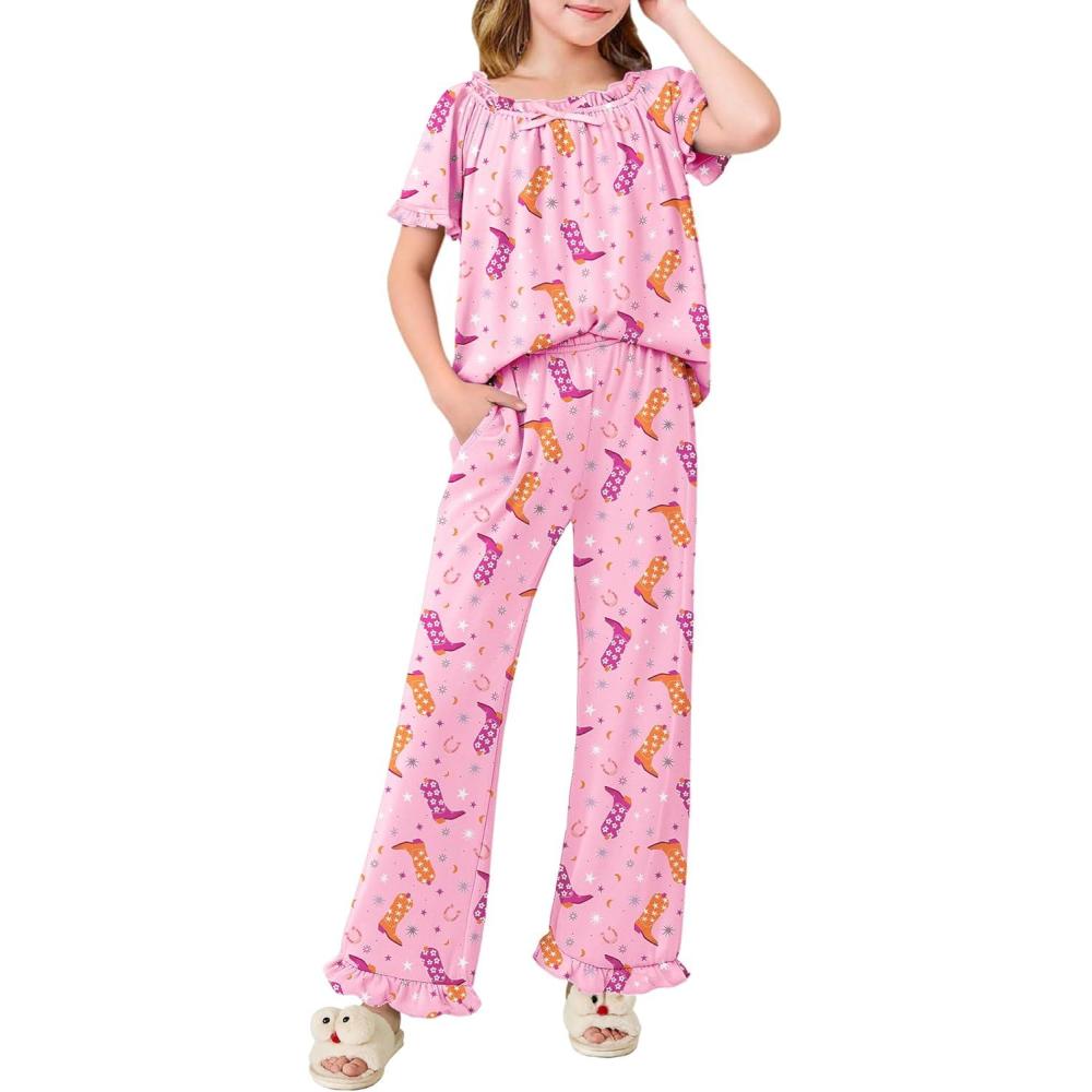 imageArshiner Girls Pajamas Soft 2 Piece Pjs Sets Ruffle Short Sleeve Long Pants SleepwearPink Boots