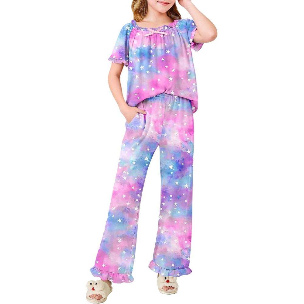 imageArshiner Girls Pajamas Soft 2 Piece Pjs Sets Ruffle Short Sleeve Long Pants SleepwearPurple Tiedye