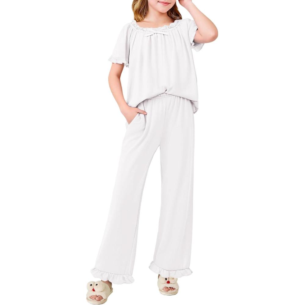 imageArshiner Girls Pajamas Soft 2 Piece Pjs Sets Ruffle Short Sleeve Long Pants SleepwearWhite