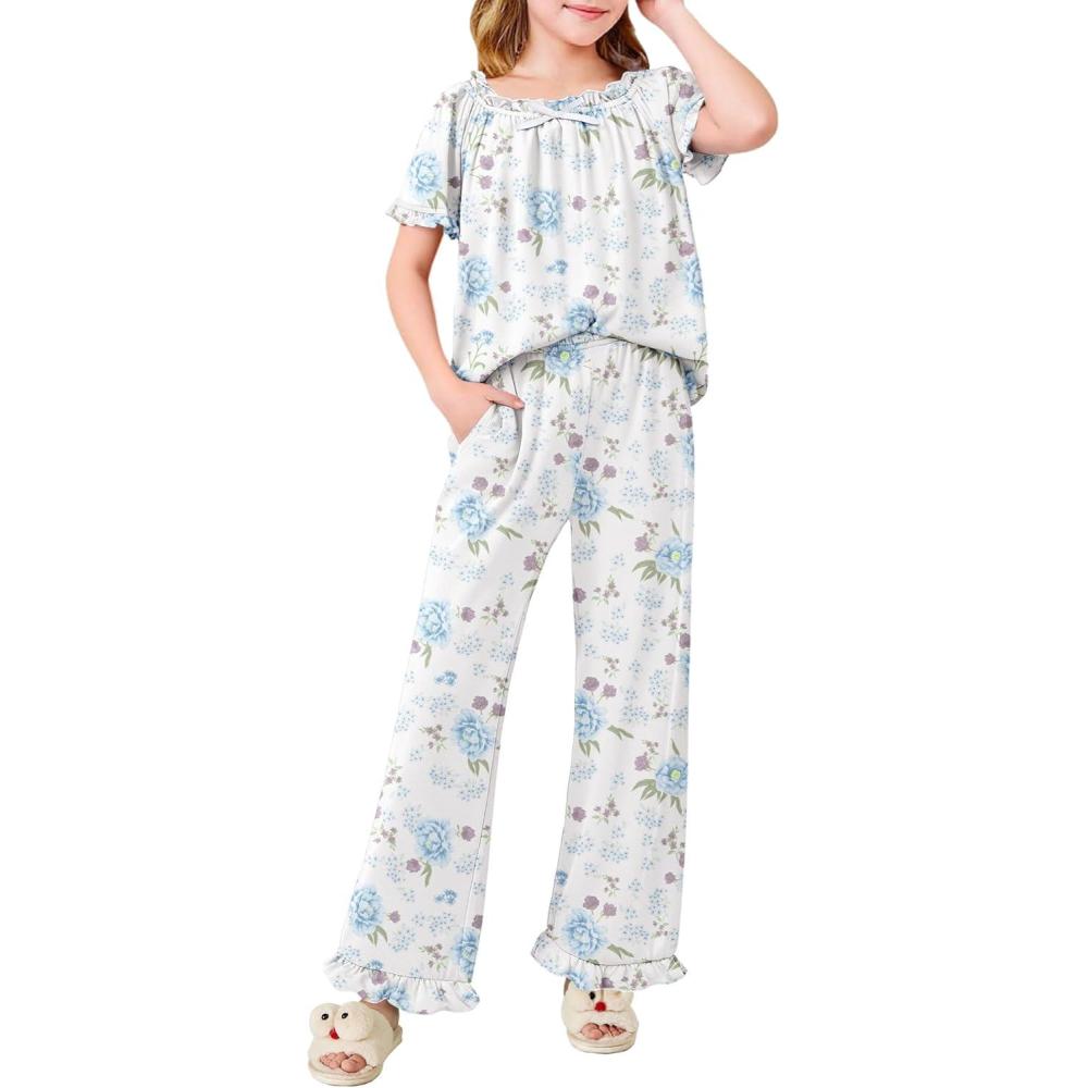 imageArshiner Girls Pajamas Soft 2 Piece Pjs Sets Ruffle Short Sleeve Long Pants SleepwearWhite Blue Flower