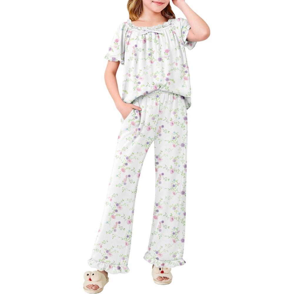 imageArshiner Girls Pajamas Soft 2 Piece Pjs Sets Ruffle Short Sleeve Long Pants SleepwearWhite Flowers
