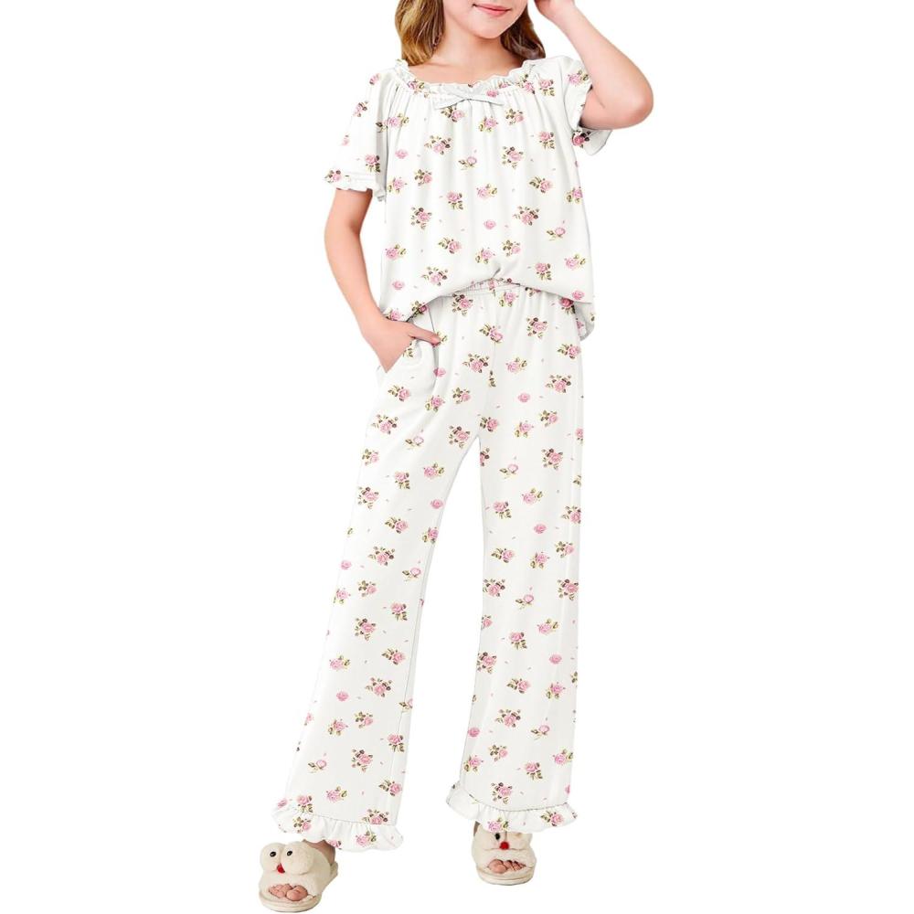 imageArshiner Girls Pajamas Soft 2 Piece Pjs Sets Ruffle Short Sleeve Long Pants SleepwearWhite Pink Flowers