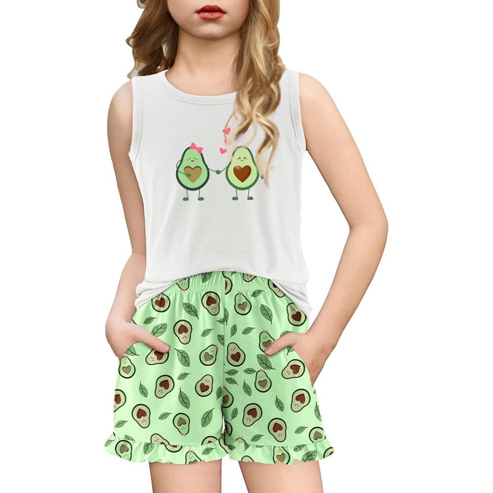 imageArshiner Girls Pajamas Summer Ruffle Sleepwear Cute Tank Top and Shorts Set Pjs OutfitAvocado