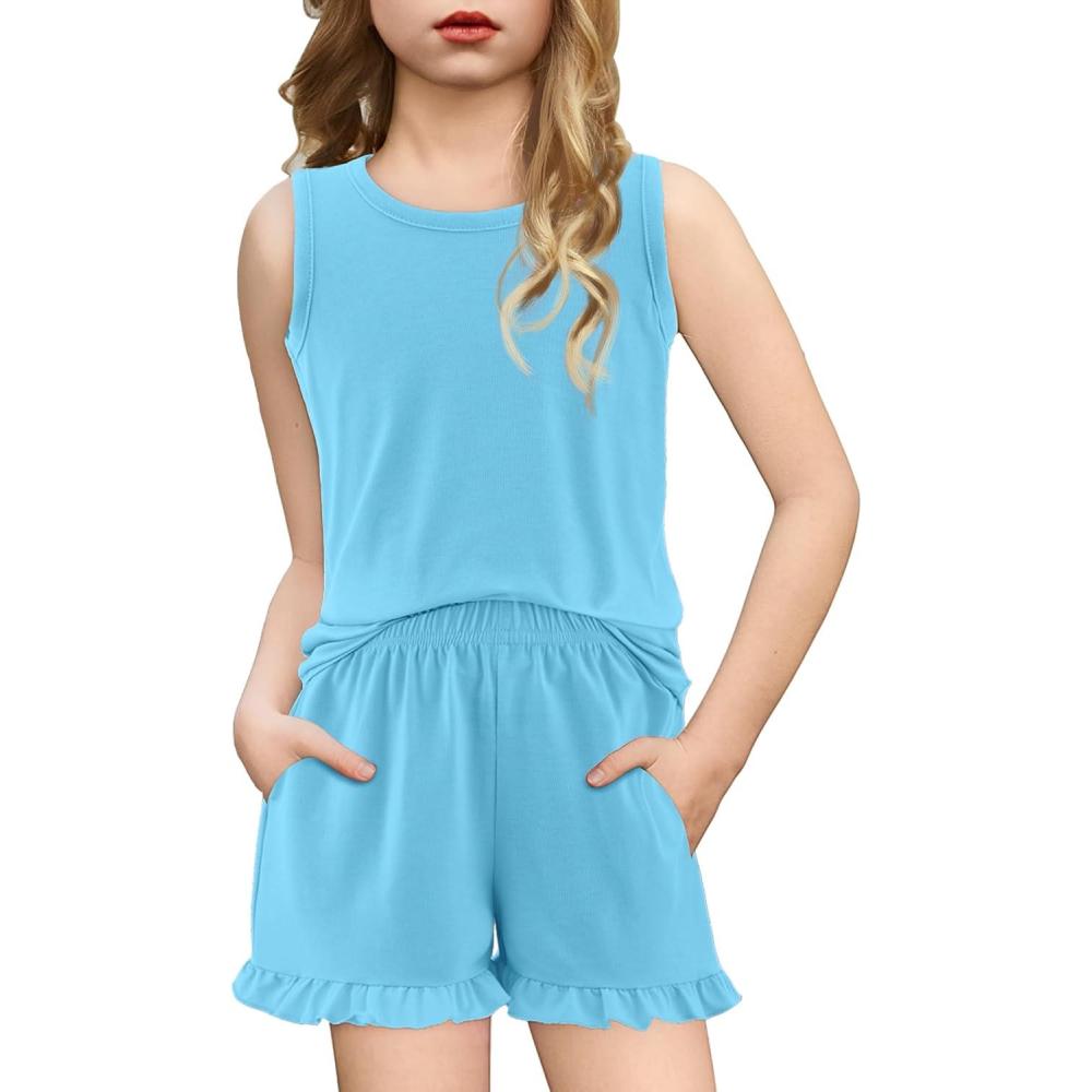 imageArshiner Girls Pajamas Summer Ruffle Sleepwear Cute Tank Top and Shorts Set Pjs OutfitBlue