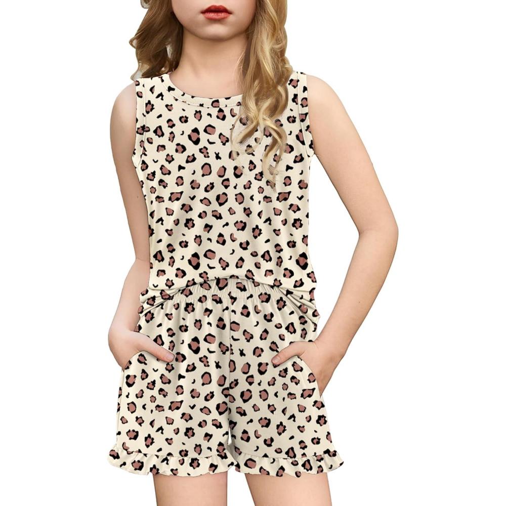 imageArshiner Girls Pajamas Summer Ruffle Sleepwear Cute Tank Top and Shorts Set Pjs OutfitBrown Leopard