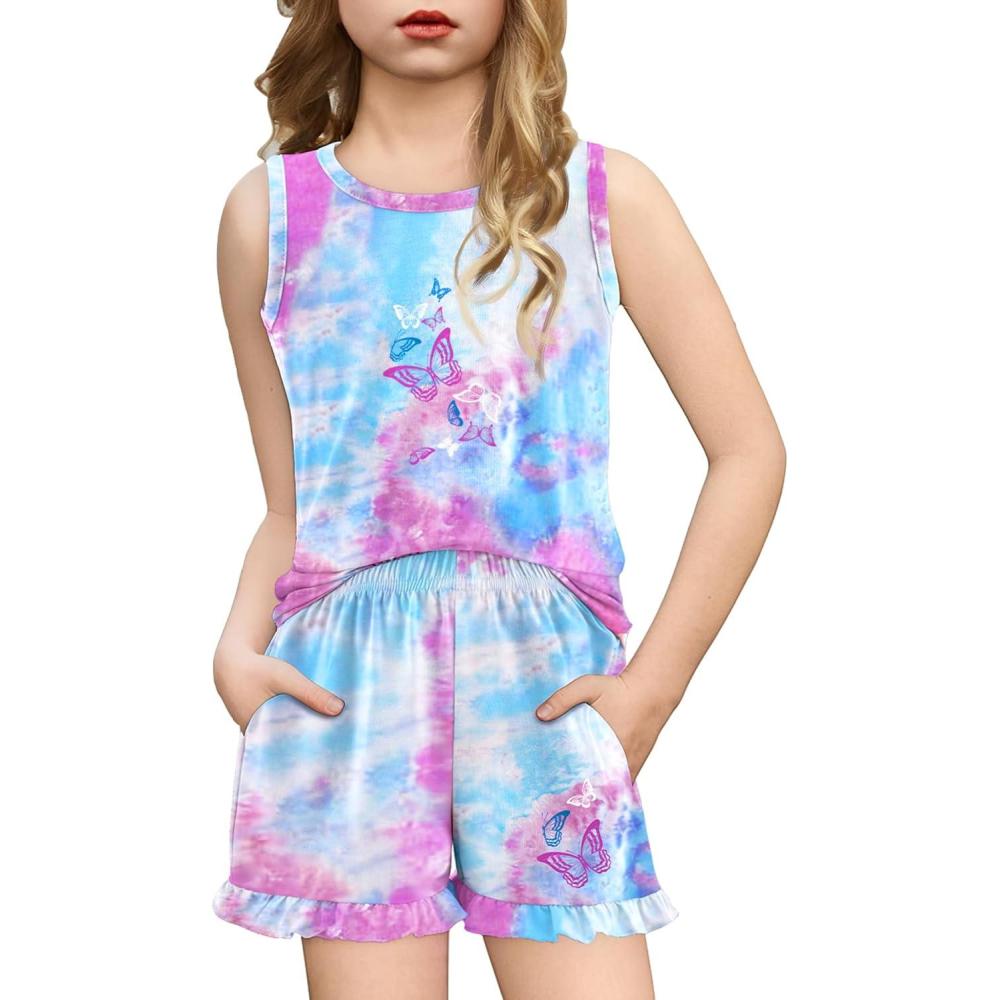 imageArshiner Girls Pajamas Summer Ruffle Sleepwear Cute Tank Top and Shorts Set Pjs OutfitButterfly Tiedye