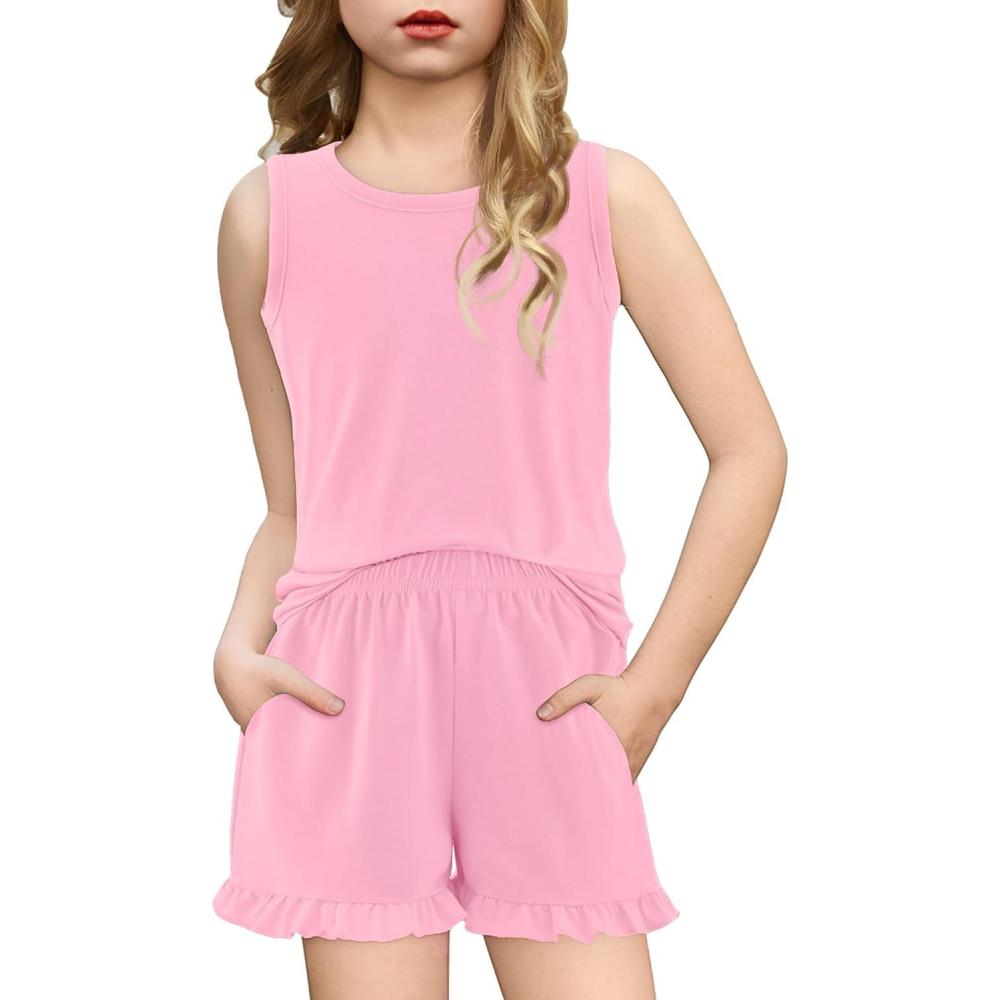 imageArshiner Girls Pajamas Summer Ruffle Sleepwear Cute Tank Top and Shorts Set Pjs OutfitPink