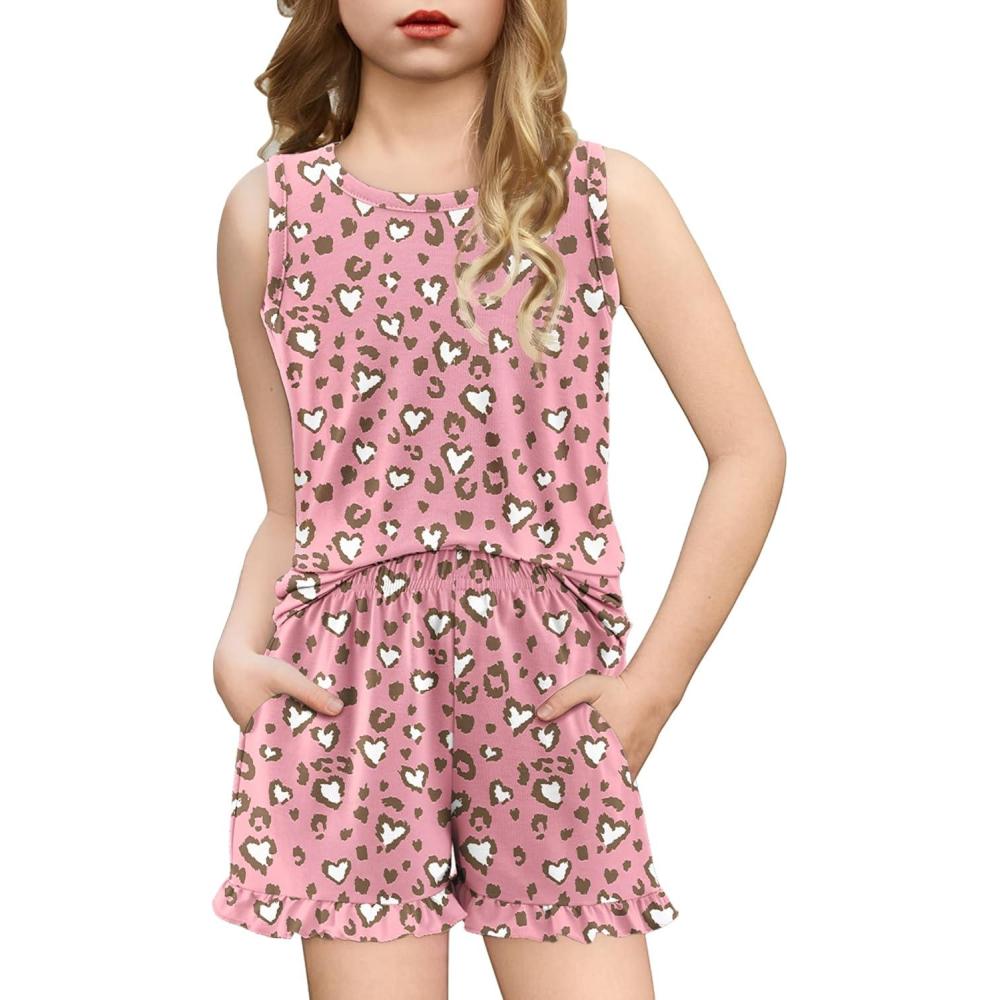 imageArshiner Girls Pajamas Summer Ruffle Sleepwear Cute Tank Top and Shorts Set Pjs OutfitPink Leopard