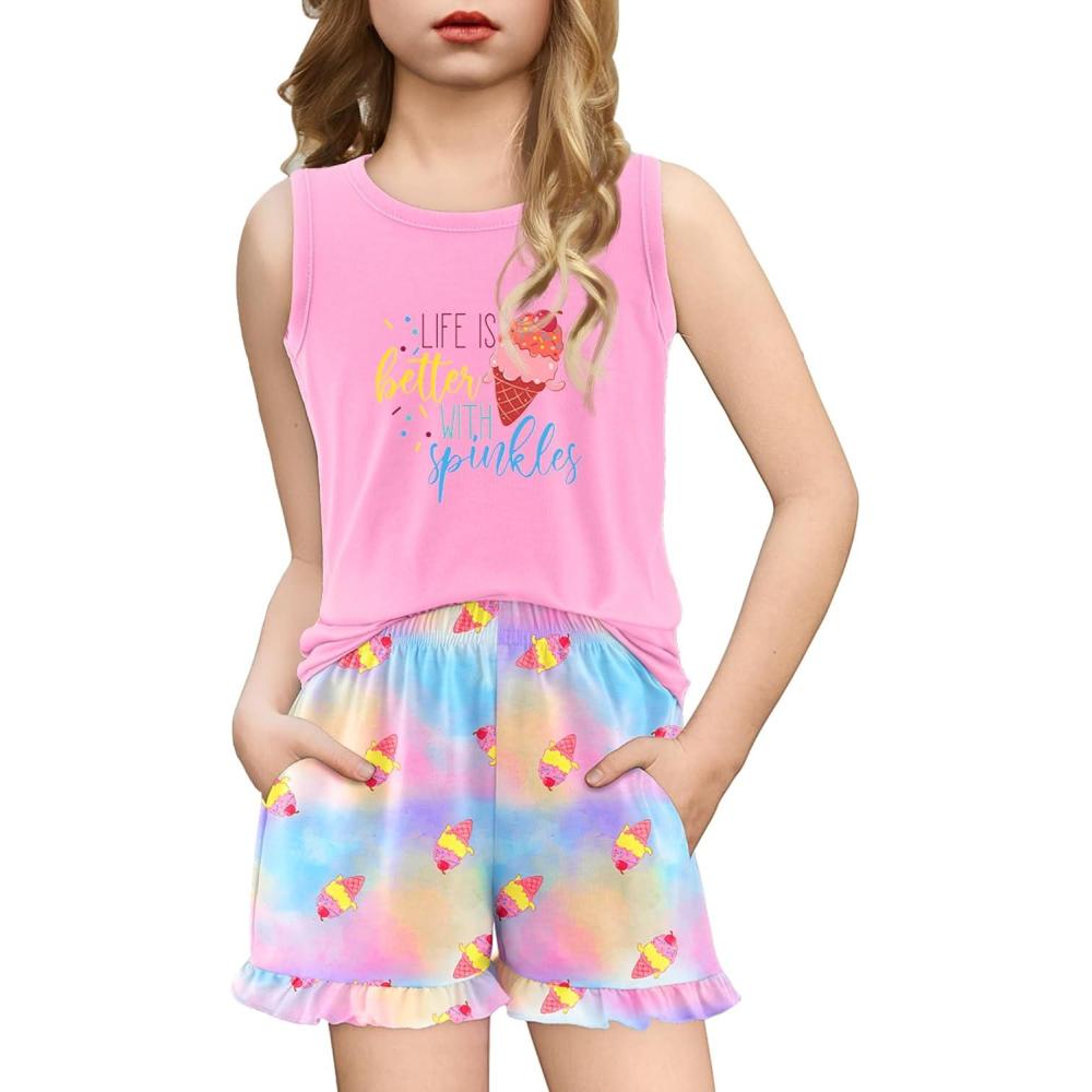 imageArshiner Girls Pajamas Summer Ruffle Sleepwear Cute Tank Top and Shorts Set Pjs OutfitTiedye Ice Cream