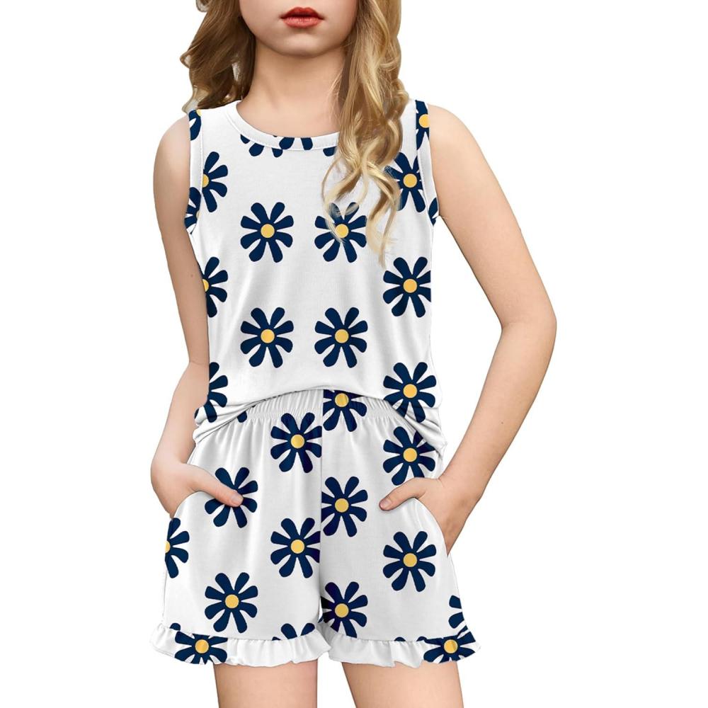imageArshiner Girls Pajamas Summer Ruffle Sleepwear Cute Tank Top and Shorts Set Pjs OutfitWhite Flowers