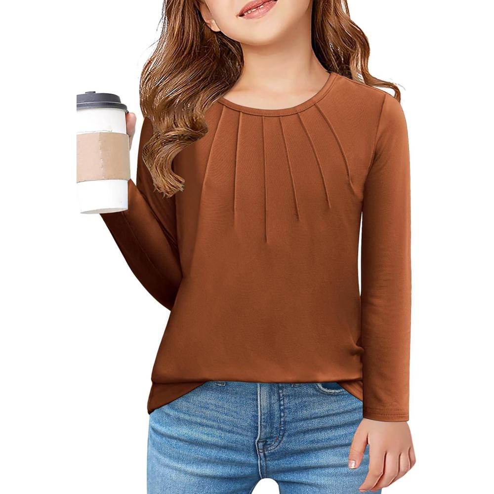 imageArshiner Girls Pleated Long Sleeve Shirts Crewneck Casual Fashion Tops Blouse TeeCaramel