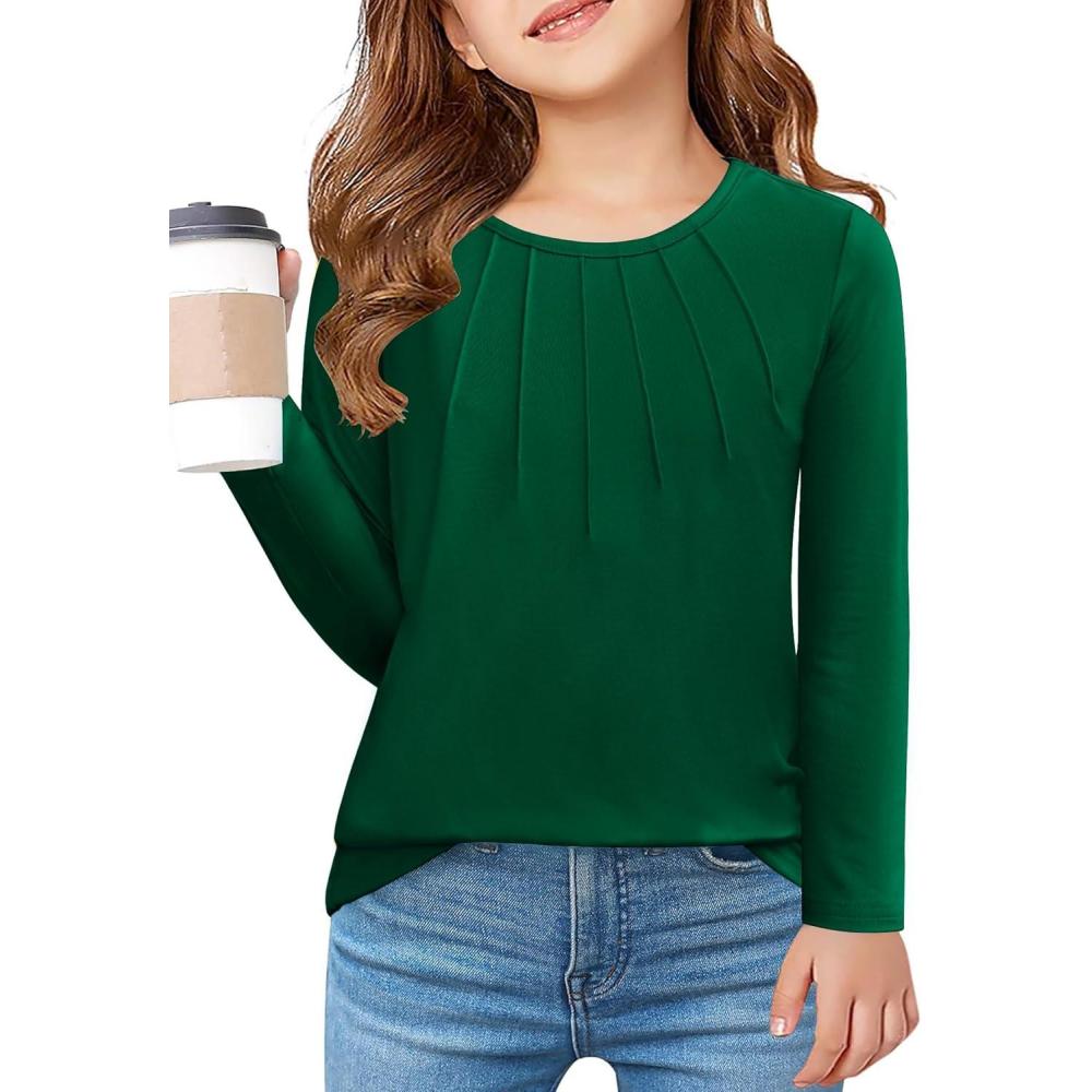 imageArshiner Girls Pleated Long Sleeve Shirts Crewneck Casual Fashion Tops Blouse TeeGreen