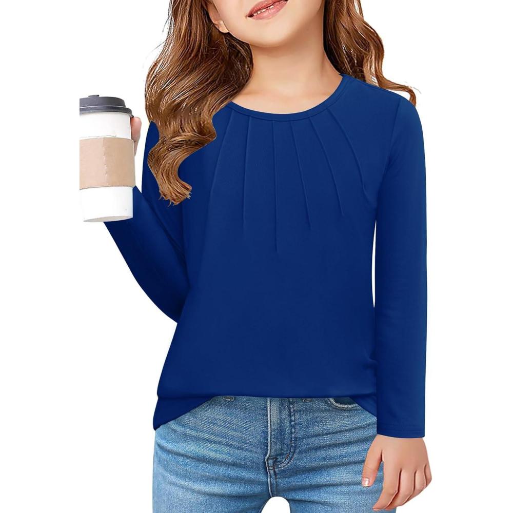 imageArshiner Girls Pleated Long Sleeve Shirts Crewneck Casual Fashion Tops Blouse TeeRoyal Blue