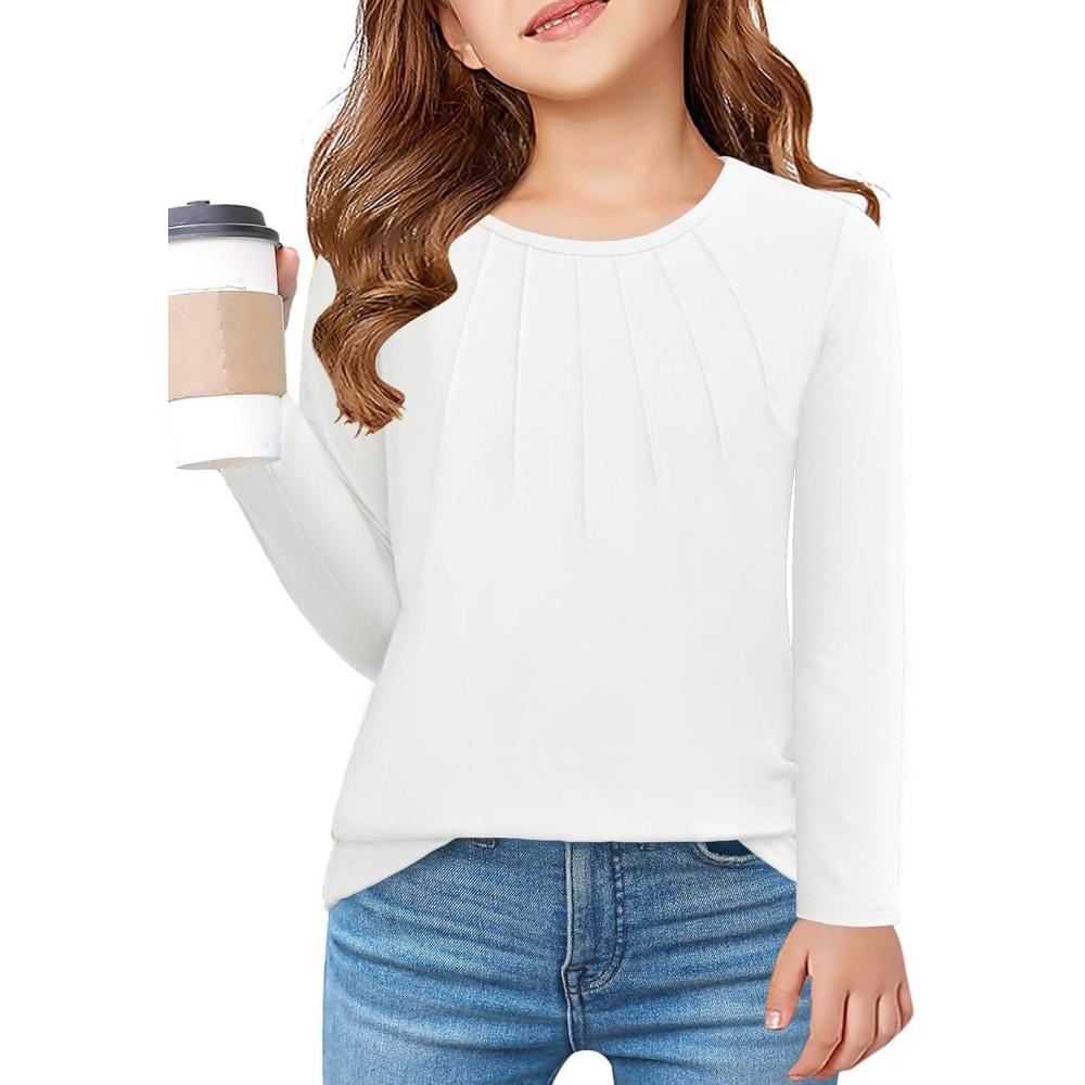 imageArshiner Girls Pleated Long Sleeve Shirts Crewneck Casual Fashion Tops Blouse TeeWhite