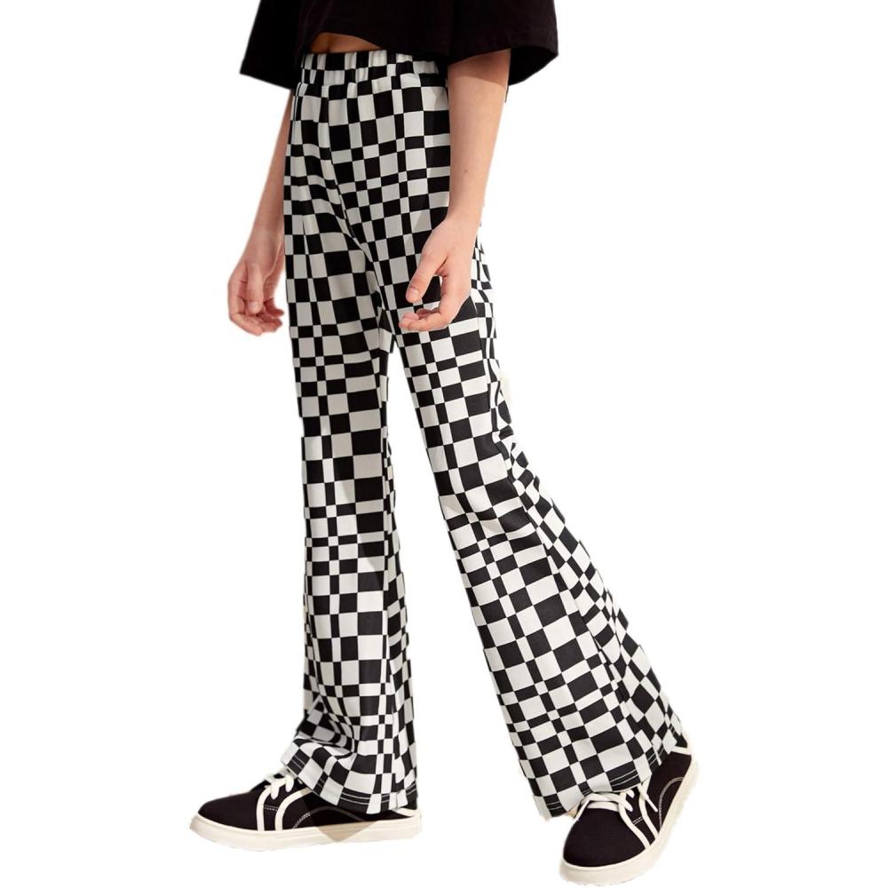 imageArshiner Girls Print Flare Leggings Kids Elastic High Waisted Bell Bottoms Yoga Pants with PocketsBlack Checkered