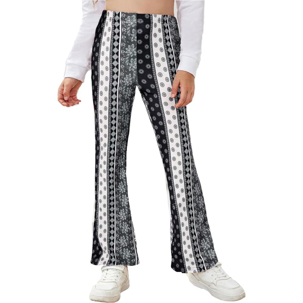 imageArshiner Girls Print Flare Leggings Kids Elastic High Waisted Bell Bottoms Yoga Pants with PocketsBlack White Floral