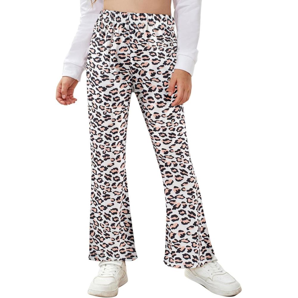 imageArshiner Girls Print Flare Leggings Kids Elastic High Waisted Bell Bottoms Yoga Pants with PocketsLeopard Print