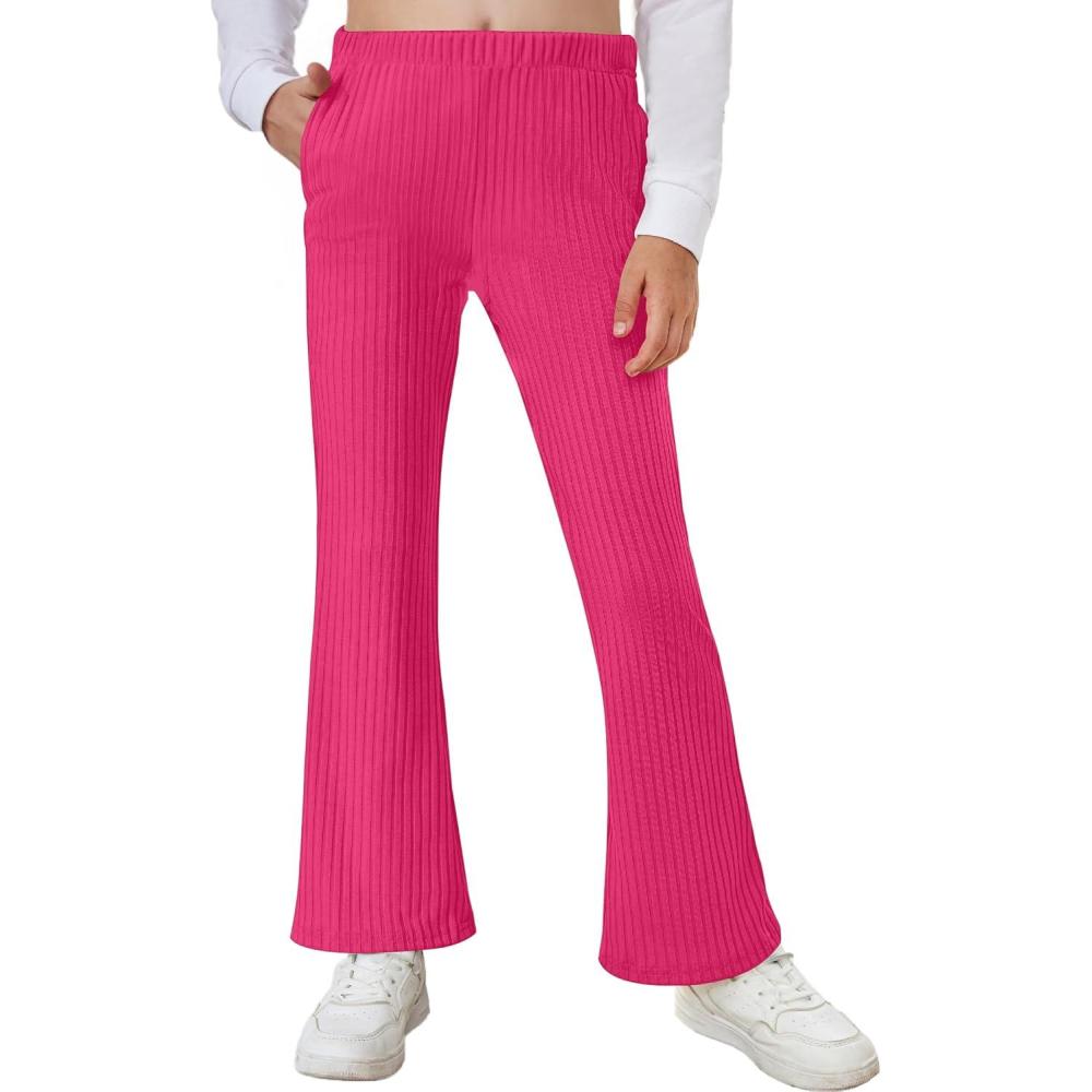 imageArshiner Girls Print Flare Leggings Kids Elastic High Waisted Bell Bottoms Yoga Pants with PocketsRose Red