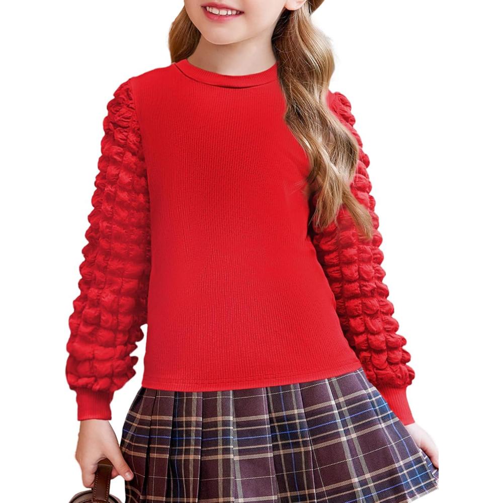 imageArshiner Girls Puff Long Sleeve Shirts Ribbed Knit Cute Casual Crewneck Tops Blouse TeeRed