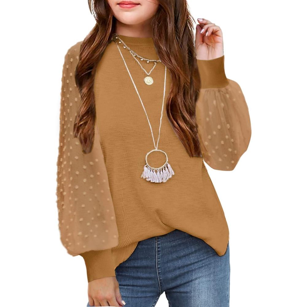 imageArshiner Girls Puff Long Sleeve Sweaters Crewneck Lace Polka Dot Casual Knit Tops Pullover Jumper Outwear for KidsBrown