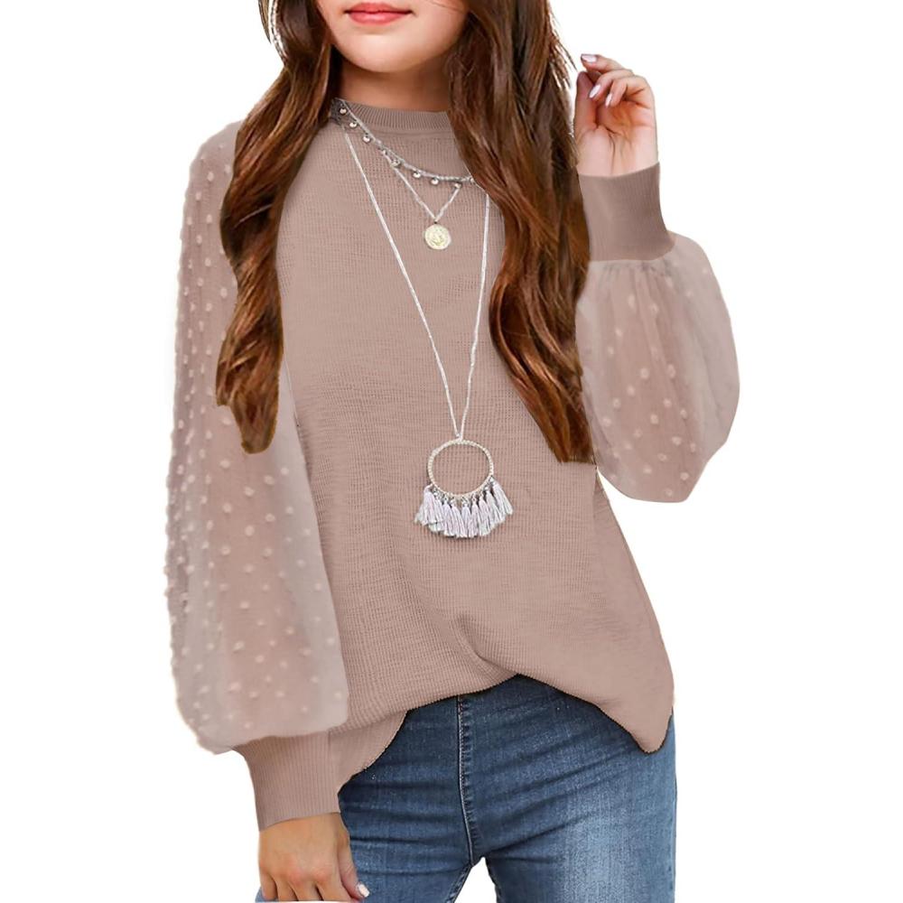 imageArshiner Girls Puff Long Sleeve Sweaters Crewneck Lace Polka Dot Casual Knit Tops Pullover Jumper Outwear for KidsKhaki