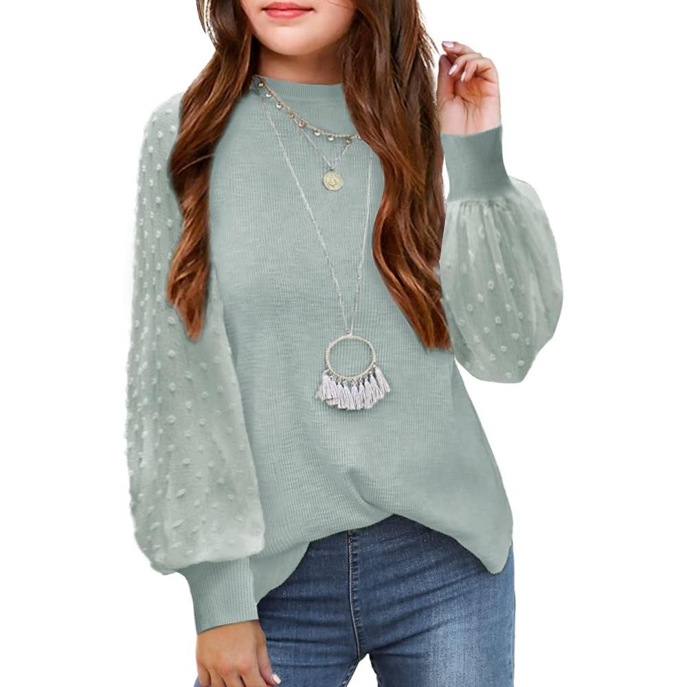 imageArshiner Girls Puff Long Sleeve Sweaters Crewneck Lace Polka Dot Casual Knit Tops Pullover Jumper Outwear for KidsLight Green