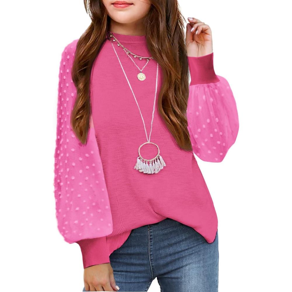 imageArshiner Girls Puff Long Sleeve Sweaters Crewneck Lace Polka Dot Casual Knit Tops Pullover Jumper Outwear for KidsPeach Pink
