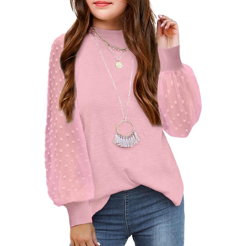 imageArshiner Girls Puff Long Sleeve Sweaters Crewneck Lace Polka Dot Casual Knit Tops Pullover Jumper Outwear for KidsPink