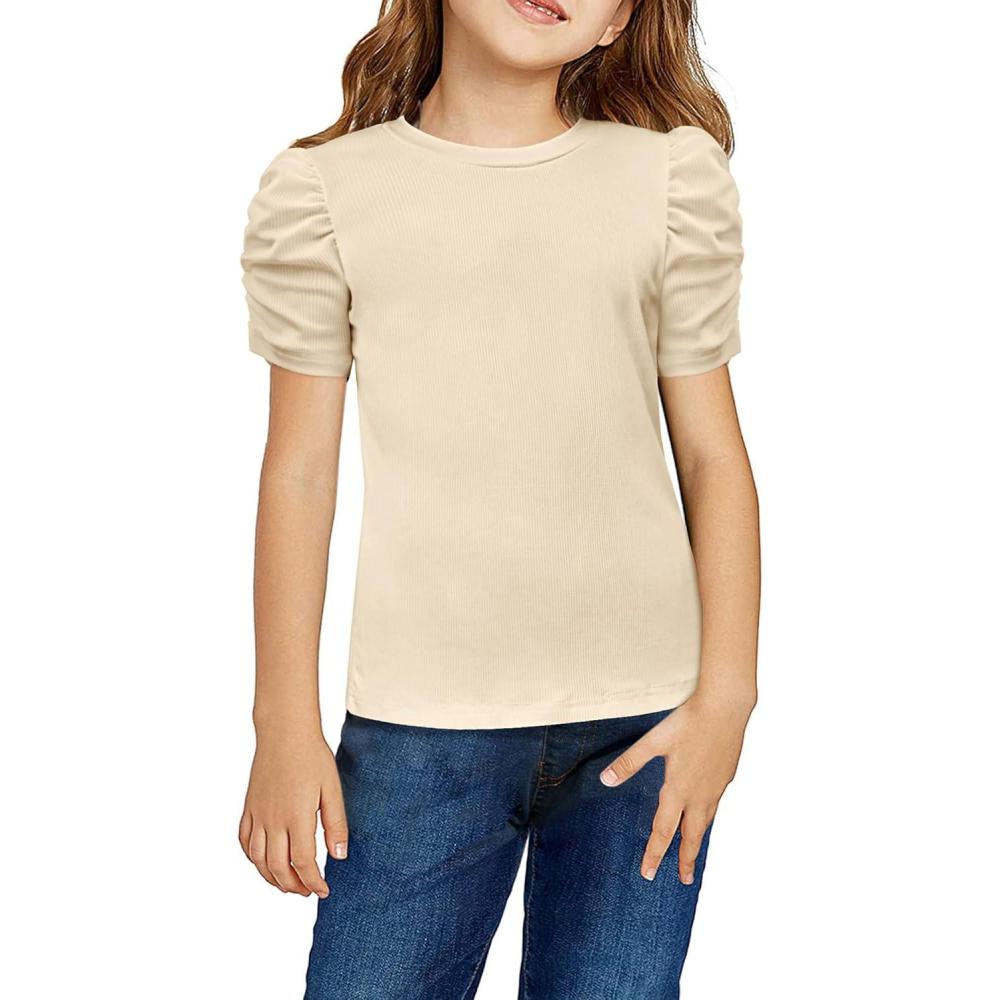 imageArshiner Girls Puff Short Sleeve Shirts Summer Ribbed Knit Crewneck T Shirt Tops Tee BlouseBeige