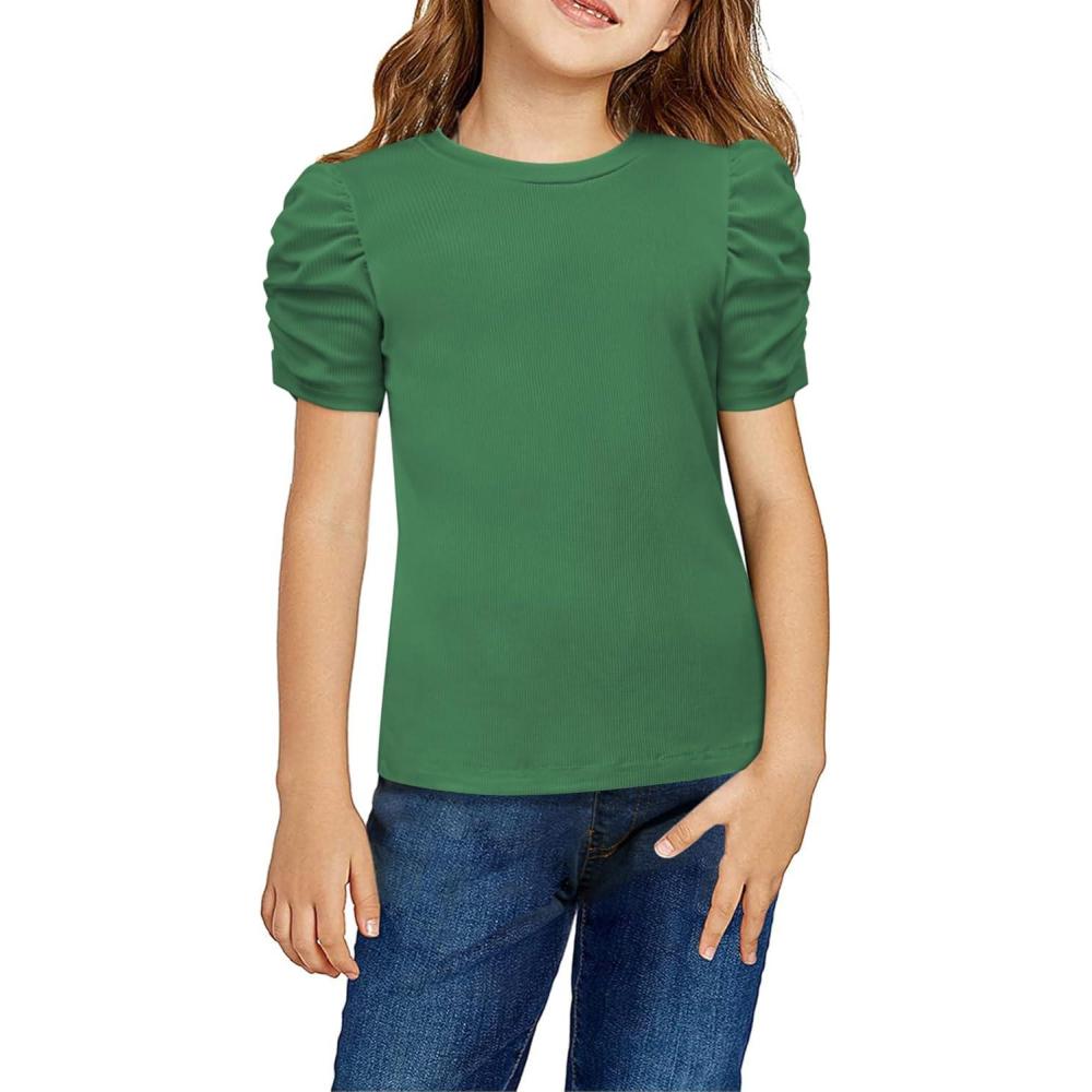 imageArshiner Girls Puff Short Sleeve Shirts Summer Ribbed Knit Crewneck T Shirt Tops Tee BlouseGreen