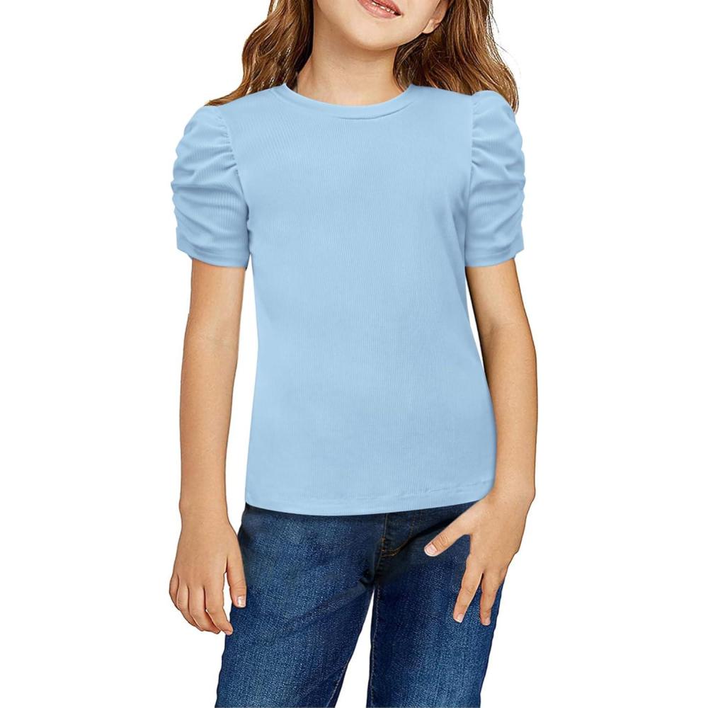 imageArshiner Girls Puff Short Sleeve Shirts Summer Ribbed Knit Crewneck T Shirt Tops Tee BlouseLight Blue