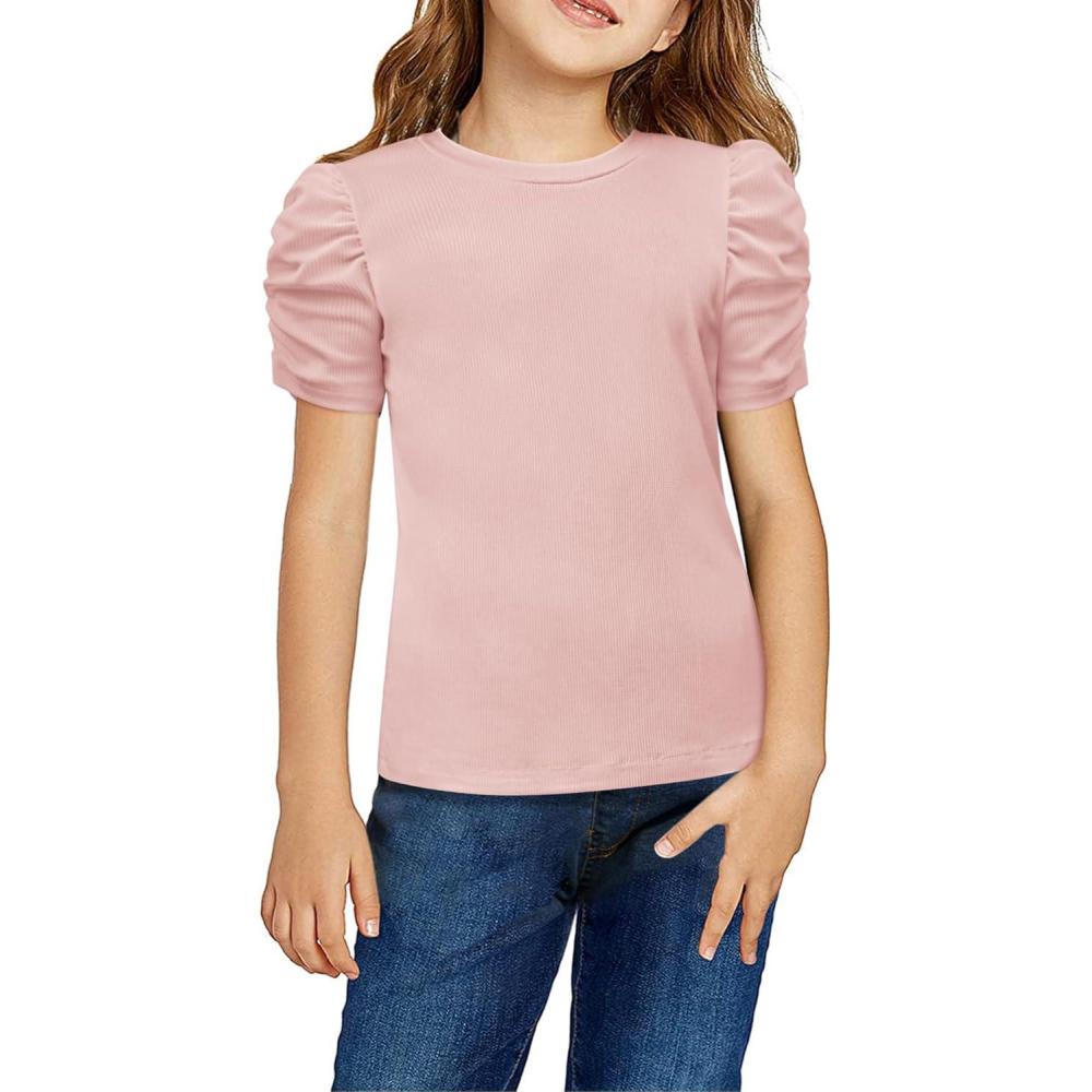 imageArshiner Girls Puff Short Sleeve Shirts Summer Ribbed Knit Crewneck T Shirt Tops Tee BlouseLight Pink