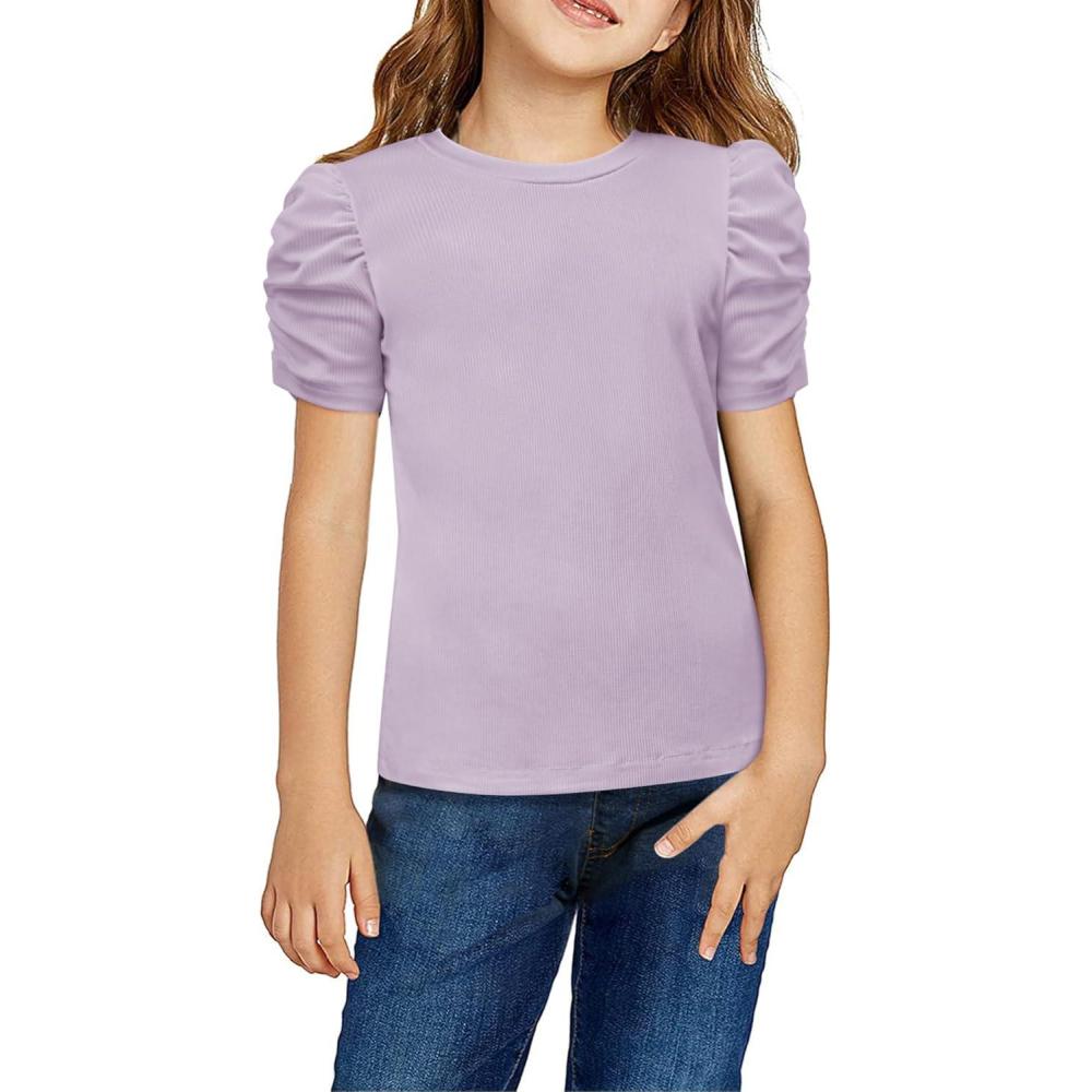imageArshiner Girls Puff Short Sleeve Shirts Summer Ribbed Knit Crewneck T Shirt Tops Tee BlouseLilac