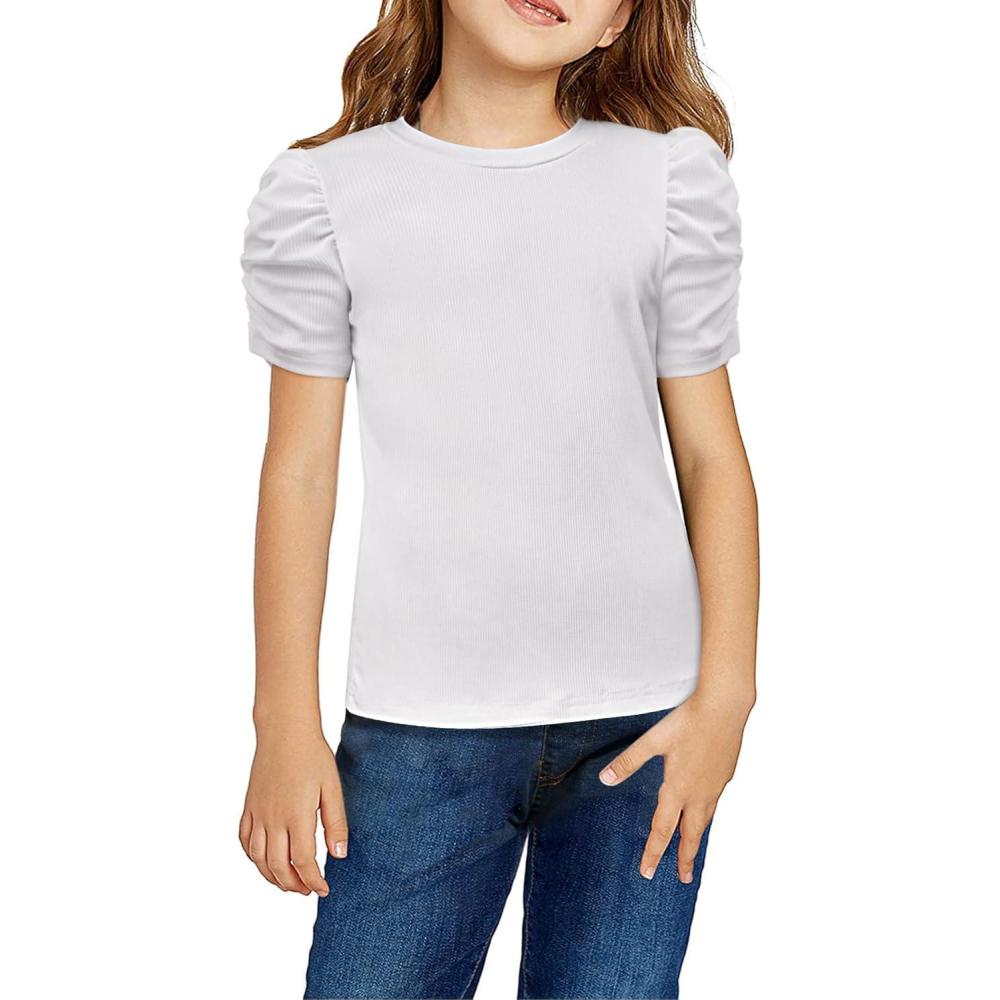 imageArshiner Girls Puff Short Sleeve Shirts Summer Ribbed Knit Crewneck T Shirt Tops Tee BlouseWhite