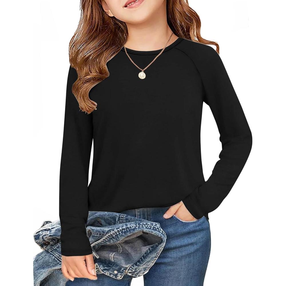 imageArshiner Girls Raglan Long Sleeve Shirts Crew Neck Soft Casual Tunic Tops Kids Girls Basic Tees BlousesBlack