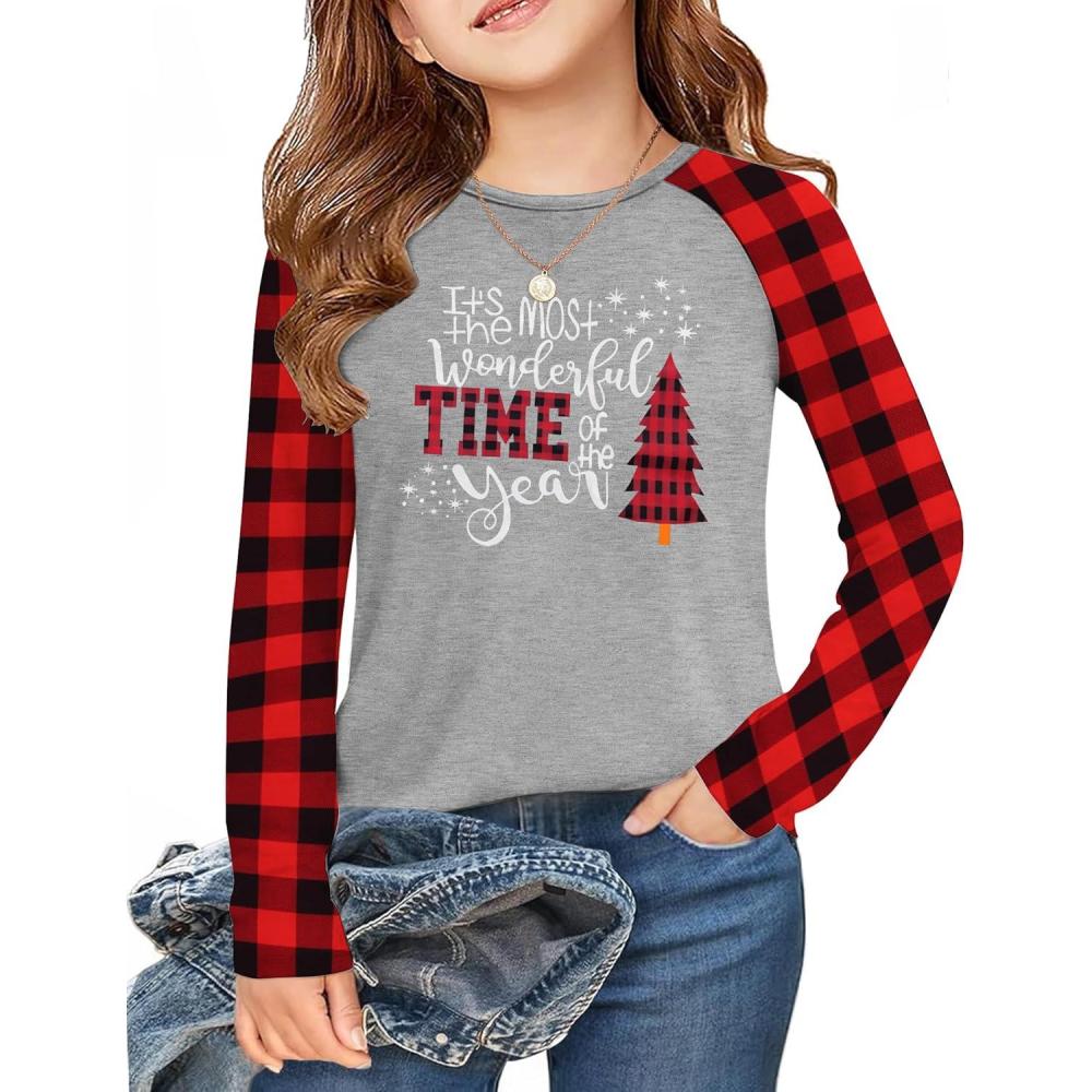 imageArshiner Girls Raglan Long Sleeve Shirts Crew Neck Soft Casual Tunic Tops Kids Girls Basic Tees BlousesChristmas Red Black Plaidb