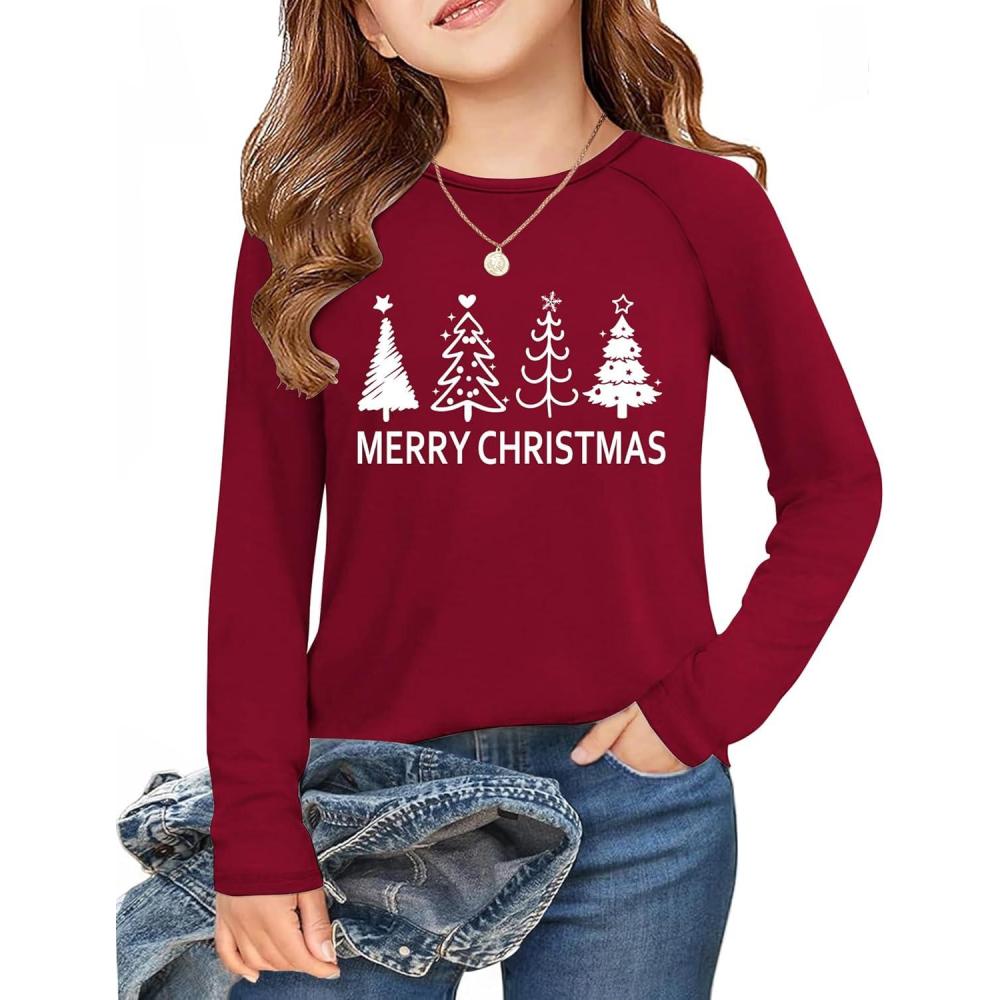 imageArshiner Girls Raglan Long Sleeve Shirts Crew Neck Soft Casual Tunic Tops Kids Girls Basic Tees BlousesChristmas Reda