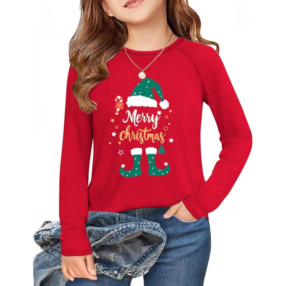 imageArshiner Girls Raglan Long Sleeve Shirts Crew Neck Soft Casual Tunic Tops Kids Girls Basic Tees BlousesChristmas Redb