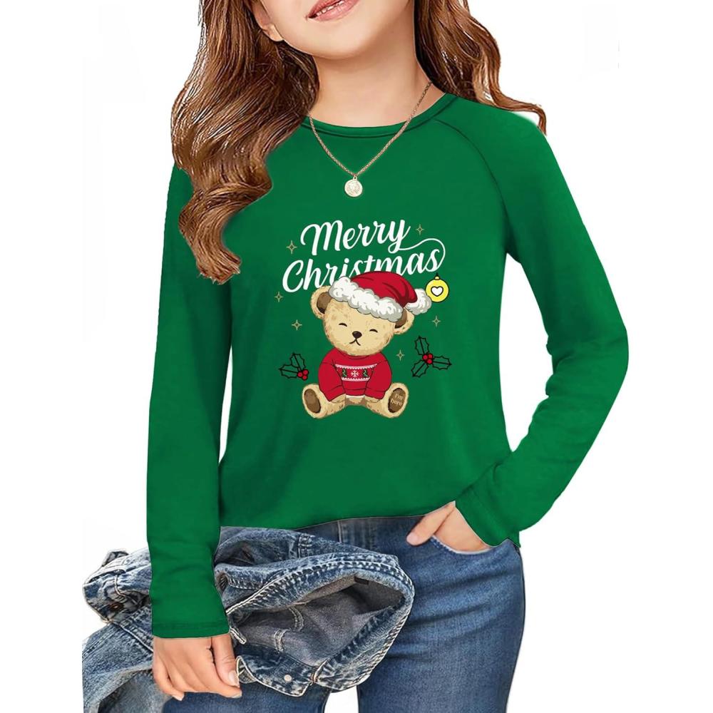 imageArshiner Girls Raglan Long Sleeve Shirts Crew Neck Soft Casual Tunic Tops Kids Girls Basic Tees BlousesChristmas Teddya